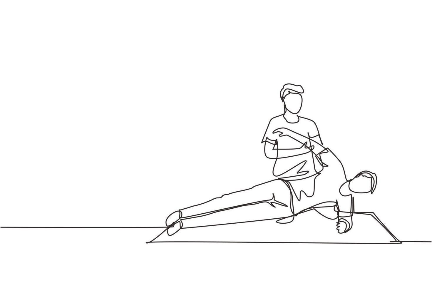 dibujo de una sola línea continua hombre paciente tendido en el suelo terapeuta masajista haciendo tratamiento curativo masajeando el cuerpo del paciente fisioterapia deportiva manual. ilustración de vector de diseño de dibujo de una línea