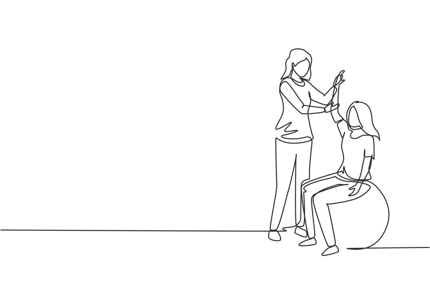 dibujo continuo de una línea composición isométrica de rehabilitación de fisioterapia con una paciente joven sentada en una pelota y una doctora sosteniendo su mano. ilustración de vector de diseño de dibujo de una sola línea