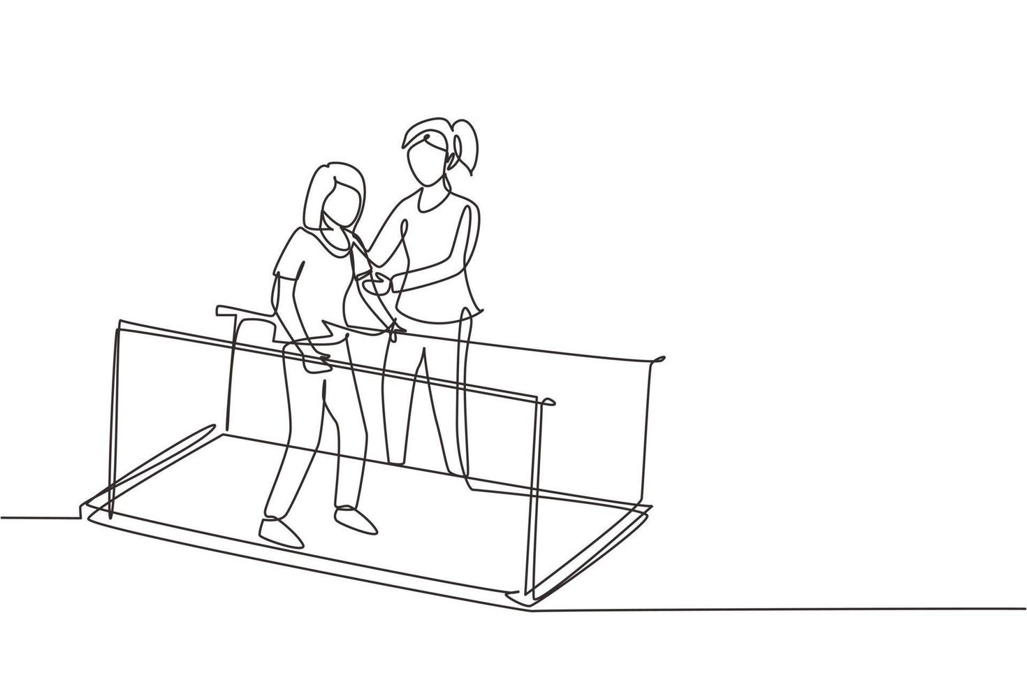 Single one line drawing isometric doctor physiotherapist helping female patient using leg prosthesis to take first step. physical therapy people with disabilities. Continuous line draw design vector