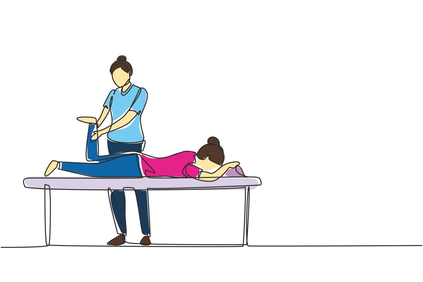 asistencia de rehabilitación de fisioterapia de dibujo continuo de una línea. linda paciente mujer acostada en la mesa de masaje terapeuta haciendo tratamiento curativo masajeando el pie lesionado. vector de diseño de dibujo de una sola línea