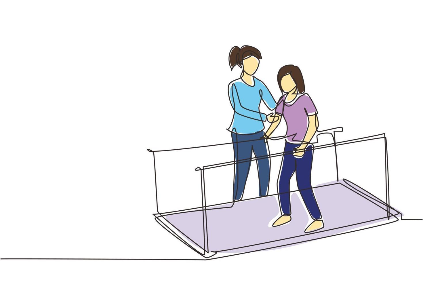 Single one line drawing isometric doctor physiotherapist helping female patient using leg prosthesis to take first step. physical therapy people with disabilities. Continuous line draw design vector
