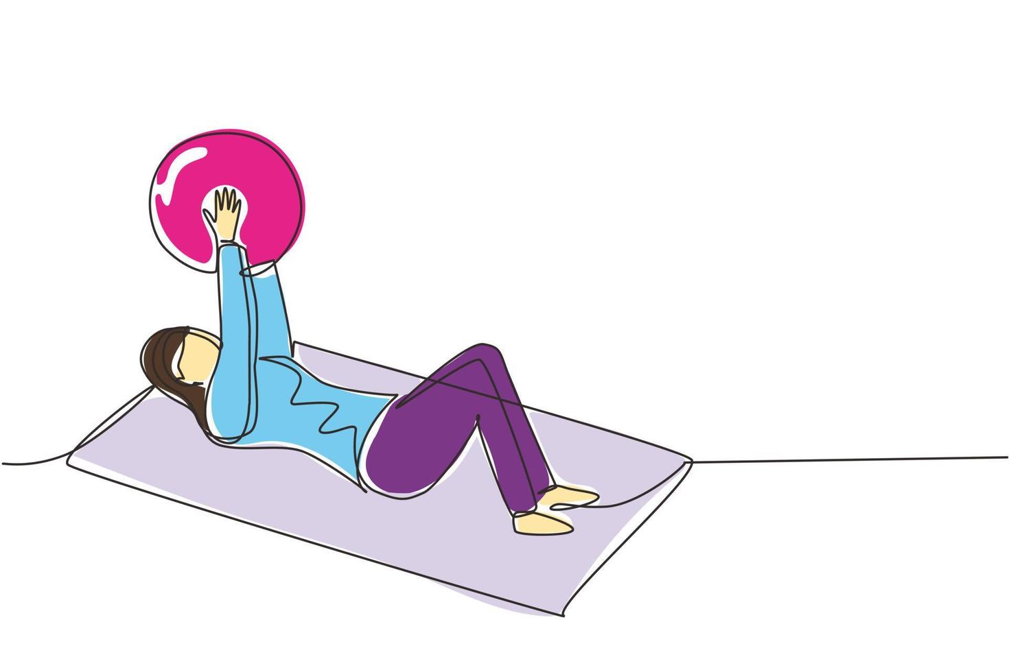 Single one line drawing physiotherapy rehabilitation isometric composition with female lying on mat, lifting on rubber ball. Healthcare concept. Continuous line draw design graphic vector illustration