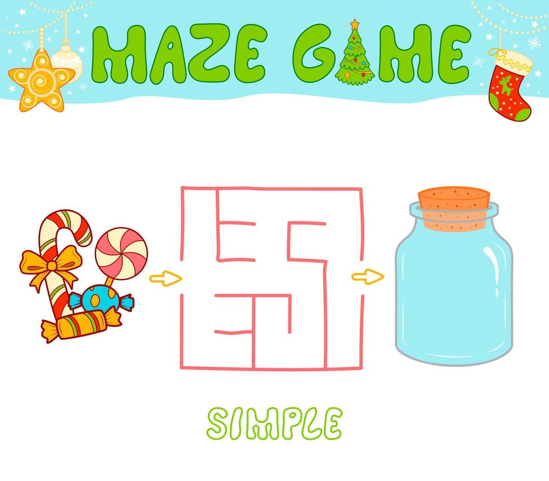 Christmas Maze puzzle game for children. Simple Maze or labyrinth game with Christmas Candy. vector