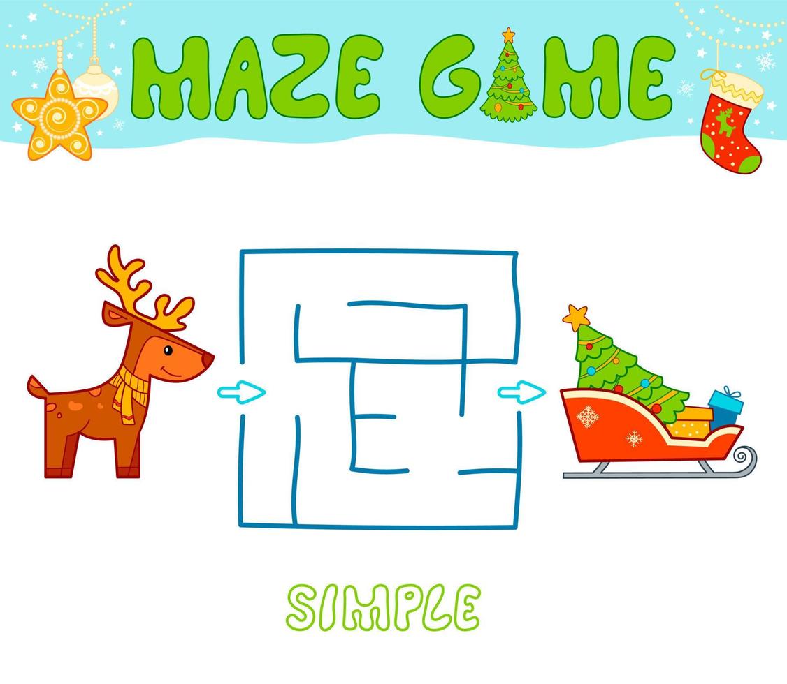 Christmas Maze puzzle game for children. Simple Maze or labyrinth game with Christmas sleigh and reindeer. vector