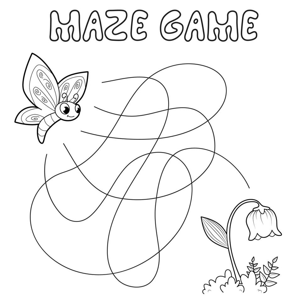 Maze puzzle game for children. Outline maze or labyrinth. Find path game with butterfly and flower. vector