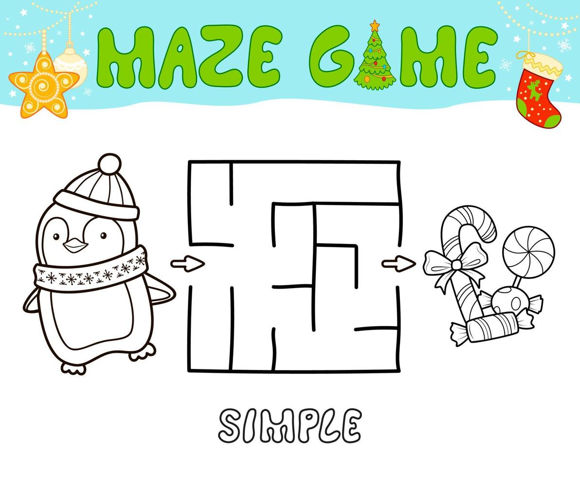 Christmas Maze puzzle game for children. Simple outline maze or labyrinth game with christmas penguin. vector