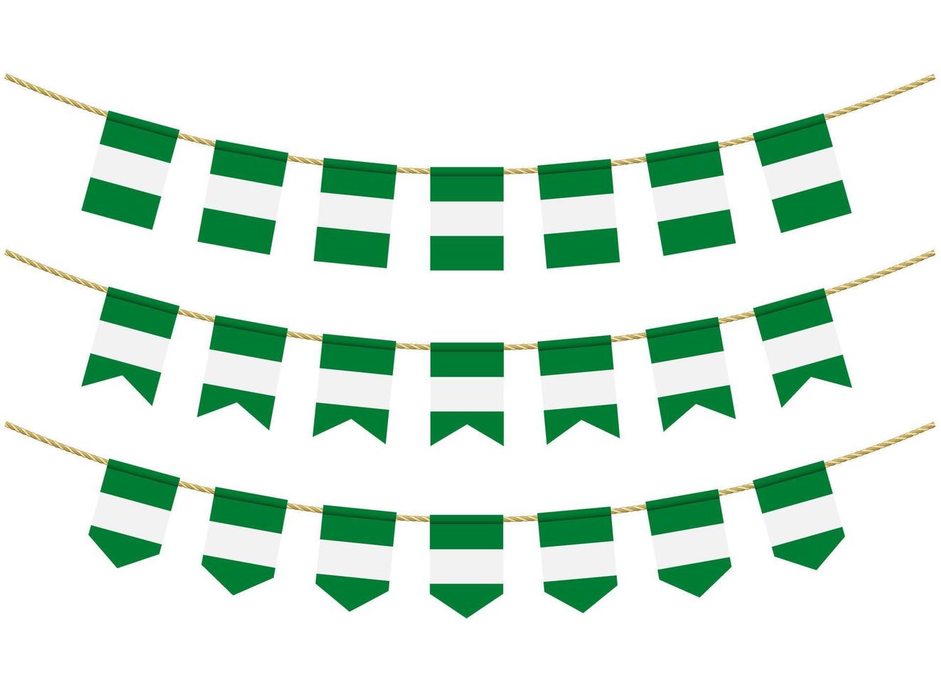 Nigeria flag on the ropes on white background. Set of Patriotic bunting flags. Bunting decoration of Nigeria flag vector