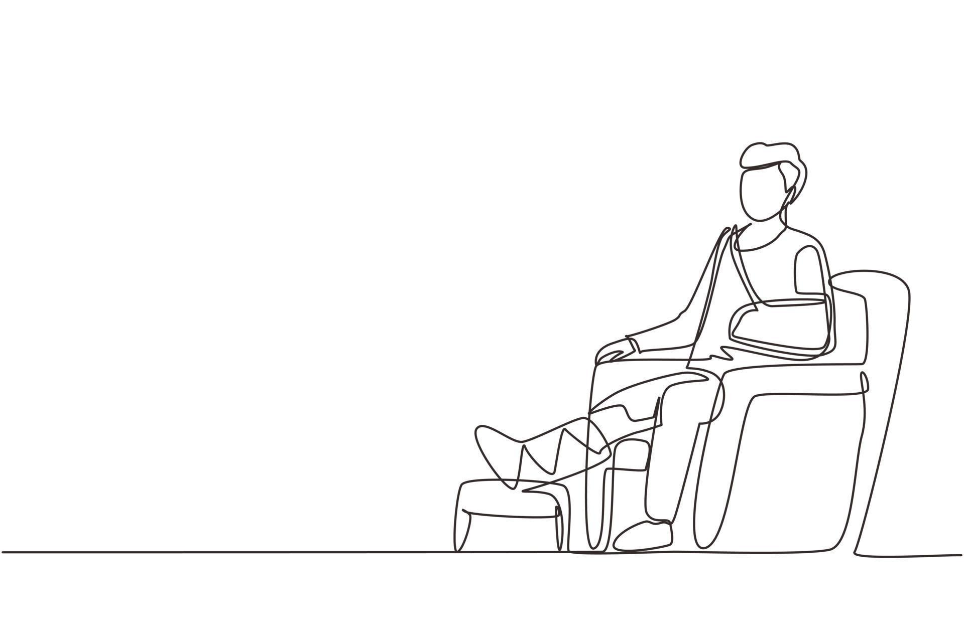 Single continuous line drawing injured patient man with bounded leg