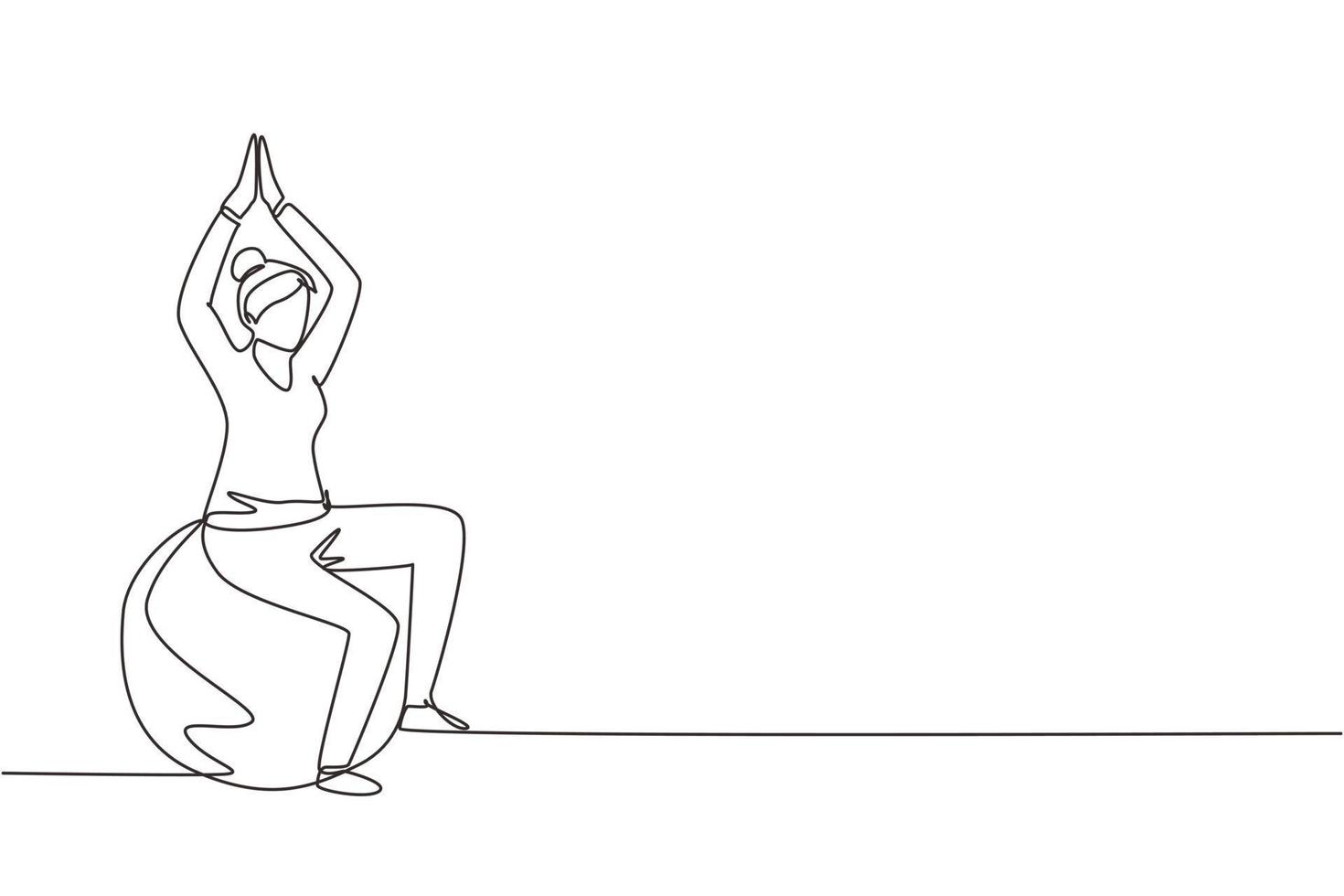 composición isométrica de rehabilitación de fisioterapia de dibujo de una sola línea continua con una paciente sentada encima de una pelota de goma levantando ambas manos. vector de diseño gráfico de dibujo de una línea