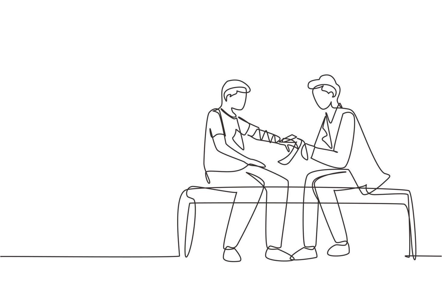 Single continuous line drawing doctor bandages patient man hand. First aid emergency hands doing dressing bandage in Traumatology clinic. Medical treatment in hospital. One line draw design vector