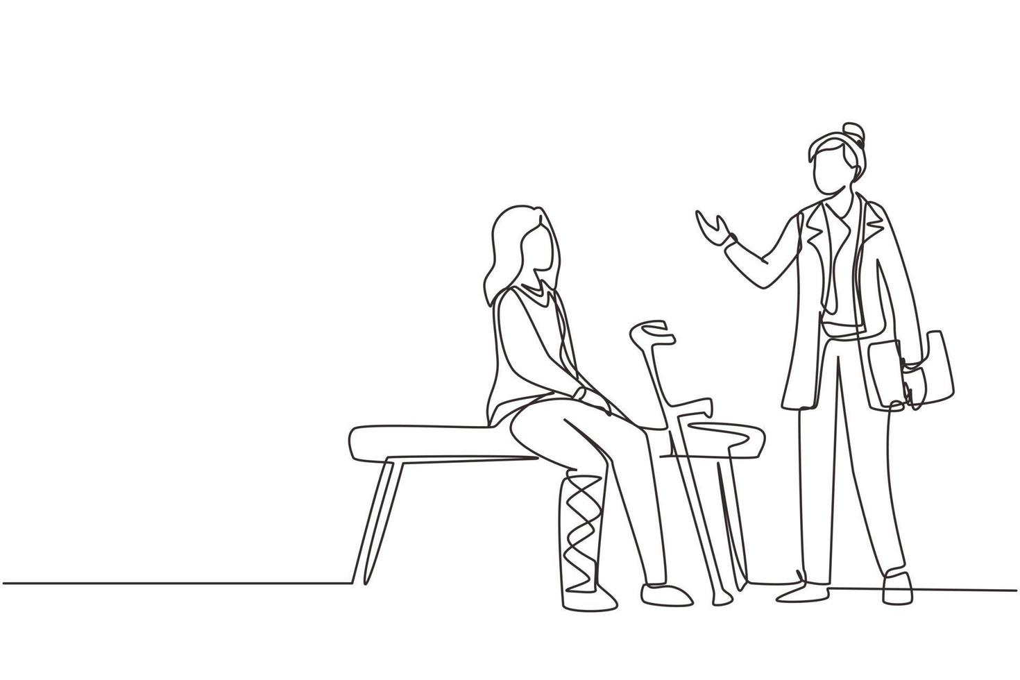 Continuous one line drawing leg fracture patient. Medical doctor talking to woman with broken leg in hospital room. Young girl on consultation with trauma. Single line draw design vector illustration