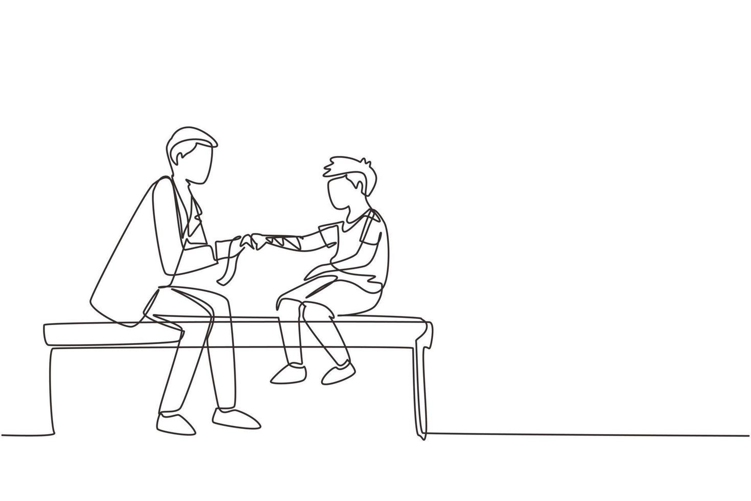 Continuous one line drawing children's doctor works with little boy. Orthopedist bandages boy's hand. Doctor treating child in medical office or hospital. Single line draw design vector illustration