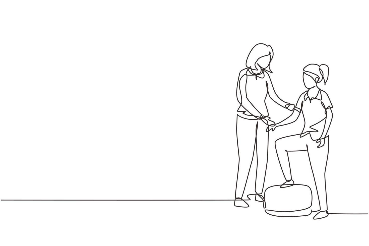 mujer terapeuta de dibujo de una sola línea que ayuda a una paciente joven a subir las escaleras, rehabilitación médica, actividad de fisioterapia. ilustración de vector gráfico de diseño de dibujo de línea continua