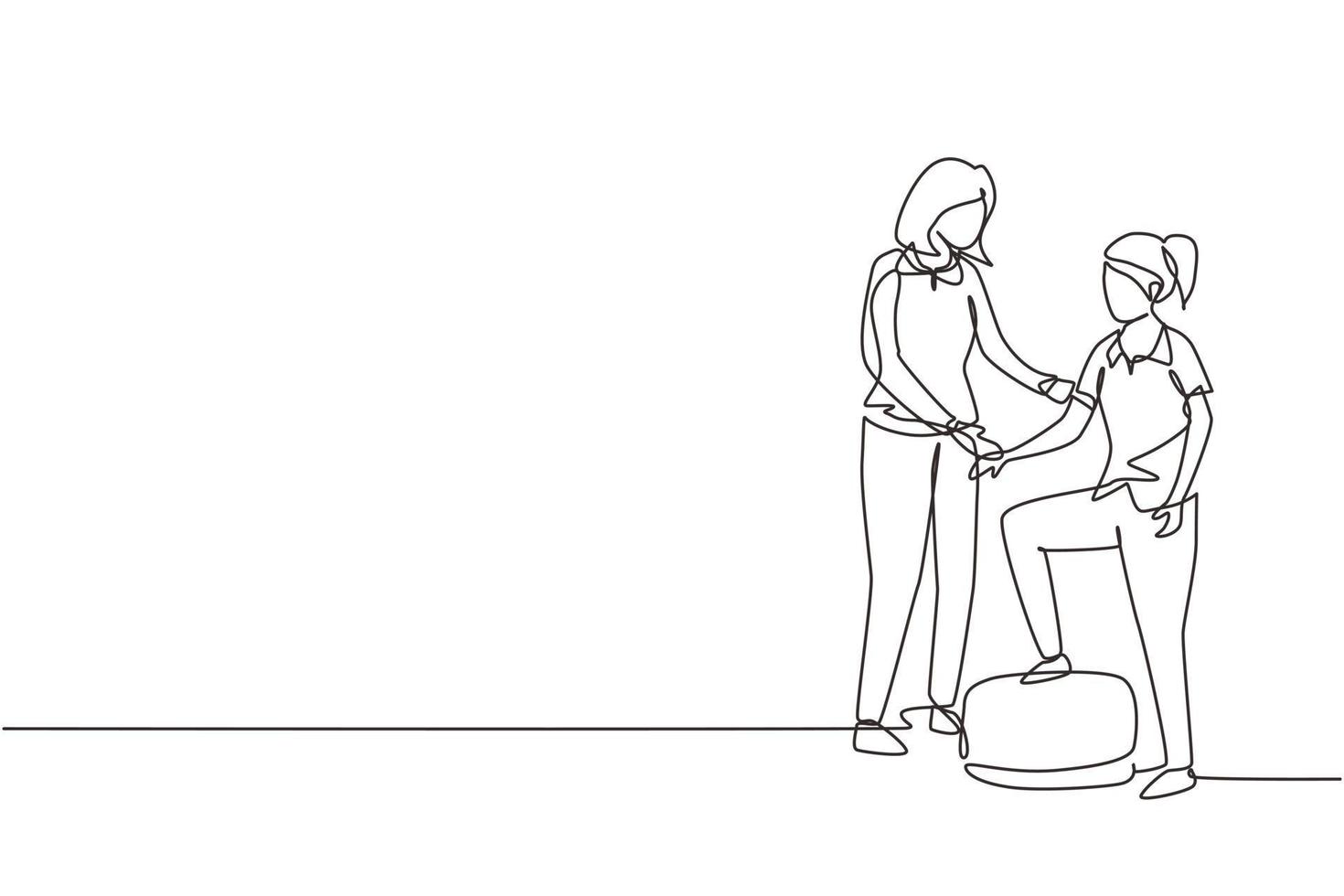 Single one line drawing woman therapist helping young female patient stepping up the stairs, medical rehabilitation, physical therapy activity. Continuous line draw design graphic vector illustration