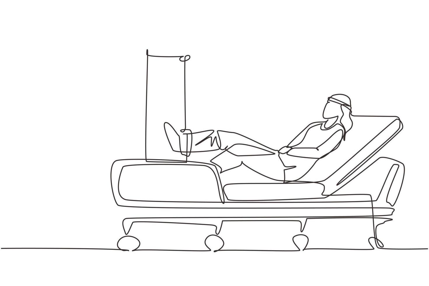 Single continuous line drawing woman patient with broken leg lying in hospital. Hospitalization of patient. Sick person is in bed. The leg is bandaged and fixed with cast. One line draw design vector