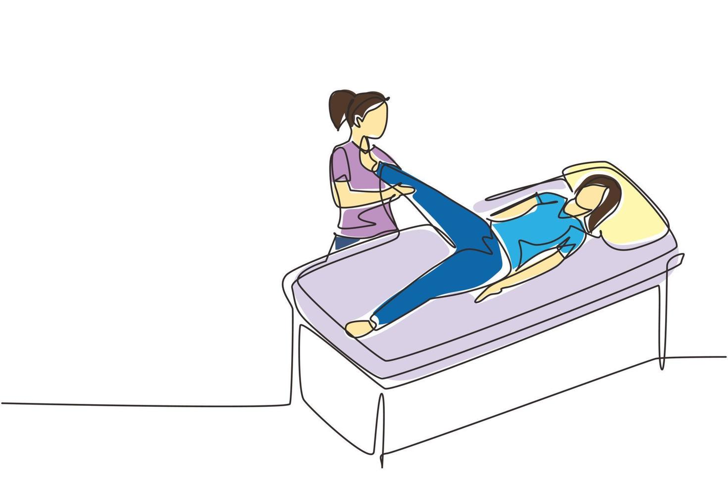Single continuous line drawing therapist helping woman patient to raise leg for exercise. Physical therapy treatment. Rehabilitation center. Passive and active exercise. One line draw design vector