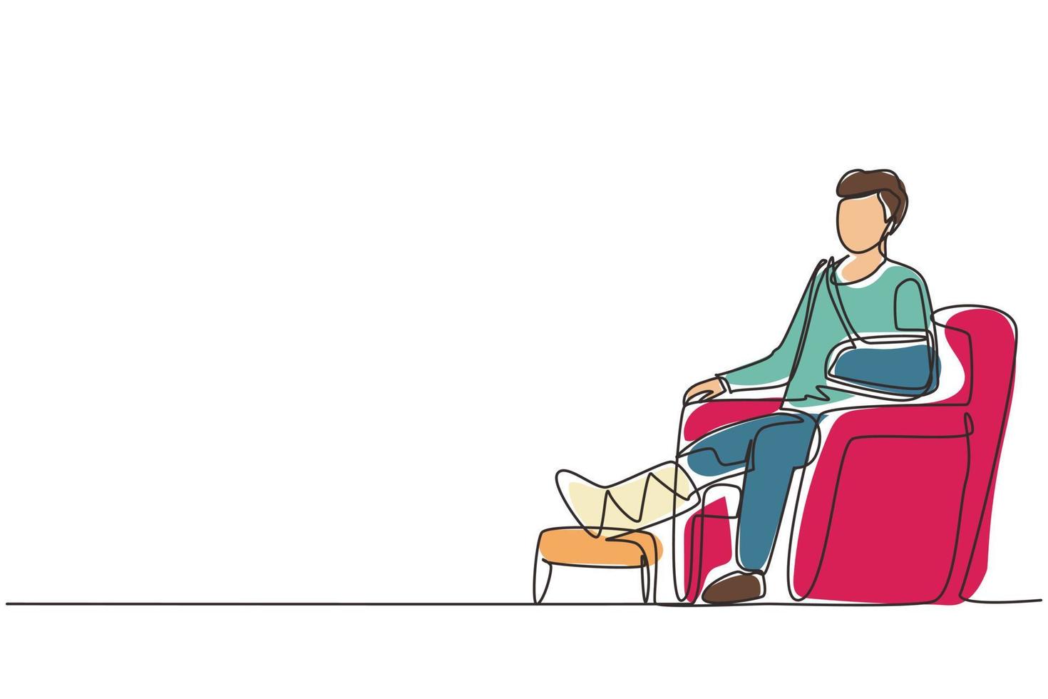 Single continuous line drawing injured patient man with bounded leg, head, arm. Sit in armchair at hospital traumatology department chamber after accident. One line draw design vector illustration
