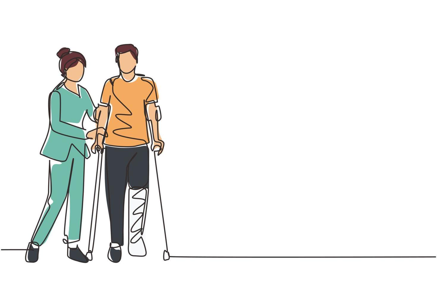 centro de rehabilitación de dibujo de una sola línea. paciente joven aprendiendo a caminar con muletas con ayuda del médico. tratamiento de fisioterapia de personas con lesiones. vector de diseño de dibujo de línea continua