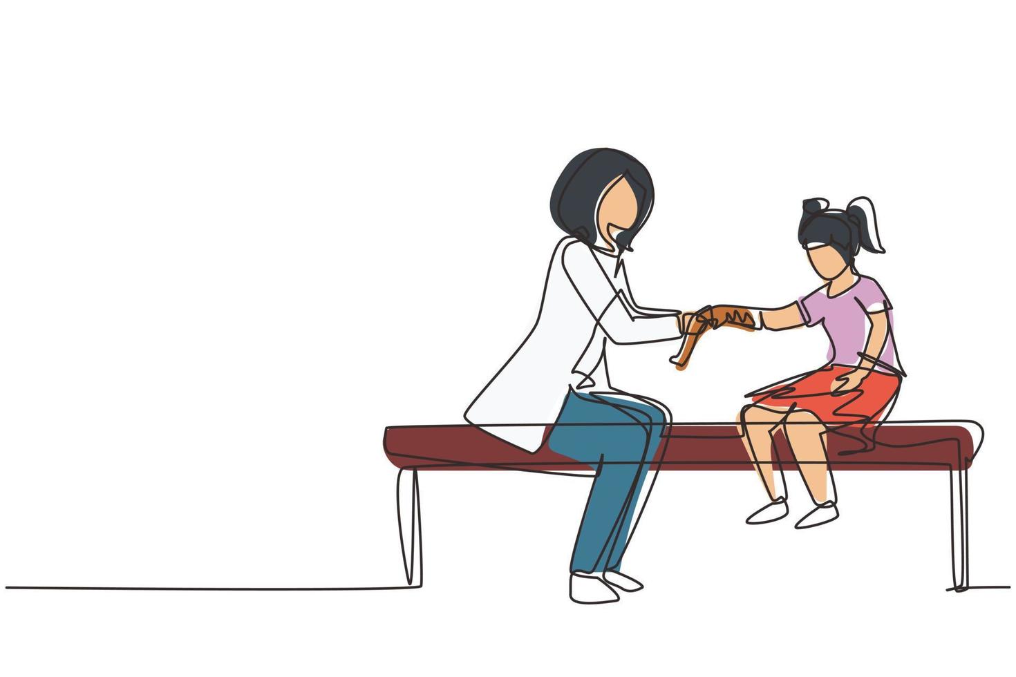 Single one line drawing little kid on consultation with orthopedic doctor. Children's doctor works with little girl. Orthopedist bandages girl's hand. Continuous line draw design vector illustration