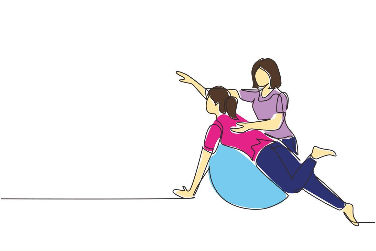 Continuous one line drawing physiotherapy rehabilitation isometric composition with female patient lying on rubber ball with medical assistant. Healthcare. Single line draw design vector illustration