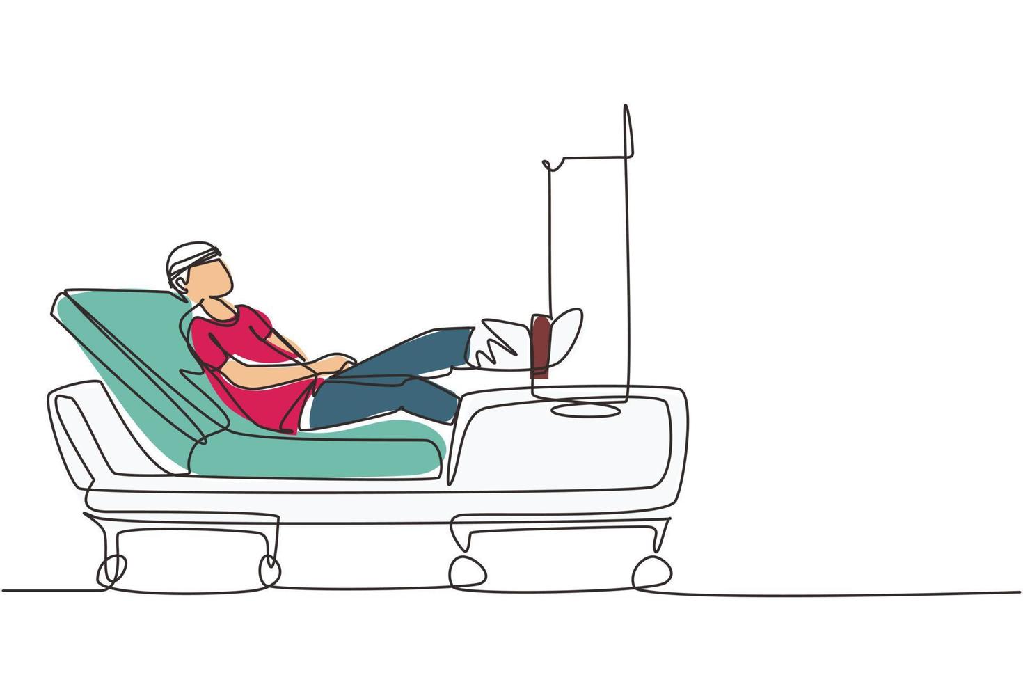 Single one line drawing male patient with broken leg lying in hospital. Hospitalization of patient. Sick person is in bed. The leg is bandaged and fixed with cast. Continuous line draw design vector