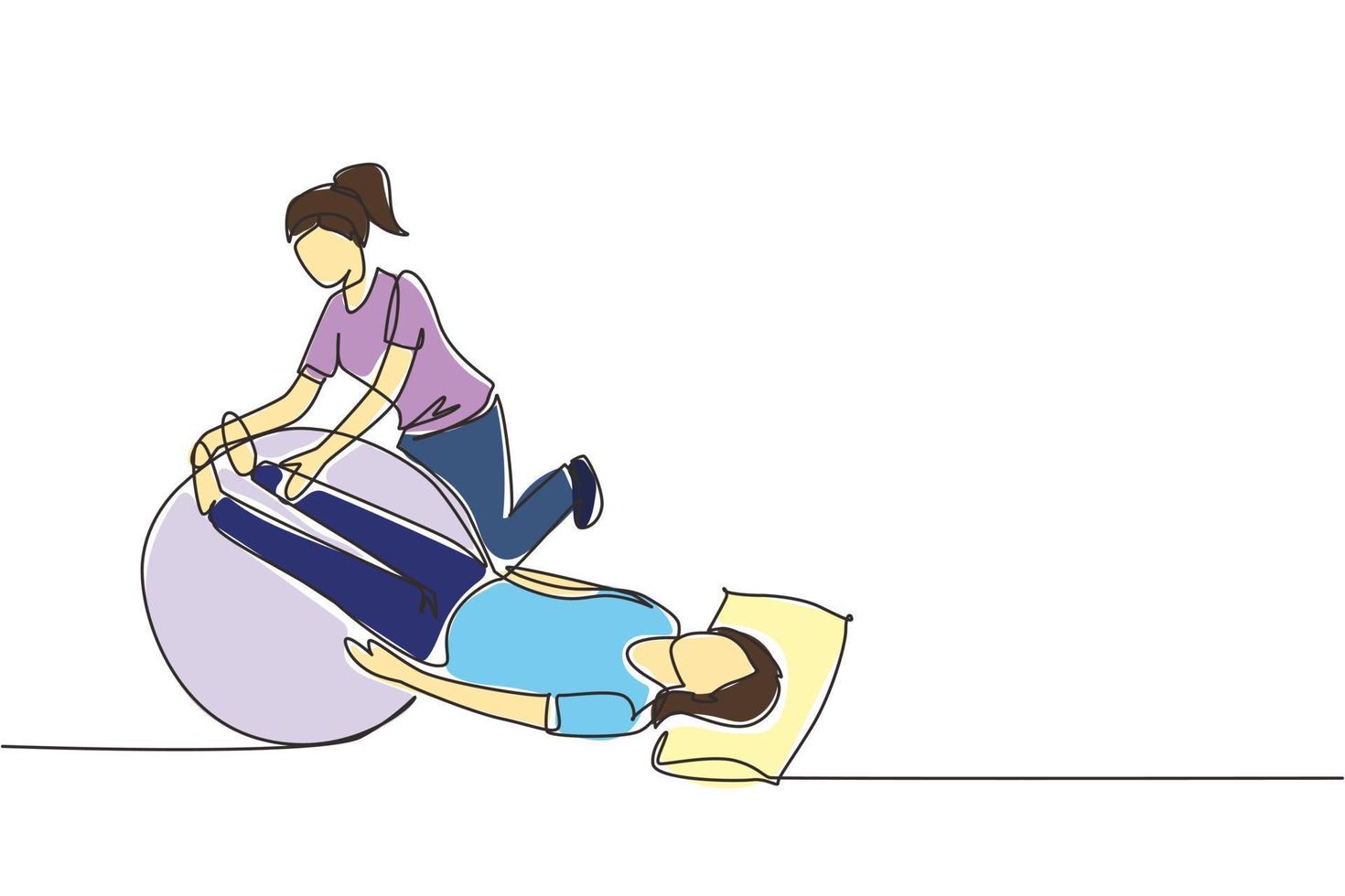 dibujo continuo de una línea composición isométrica de rehabilitación de fisioterapia con una mujer acostada sobre una alfombra, piernas sobre una pelota de goma con asistente médico. concepto de salud. vector de diseño de dibujo de una sola línea