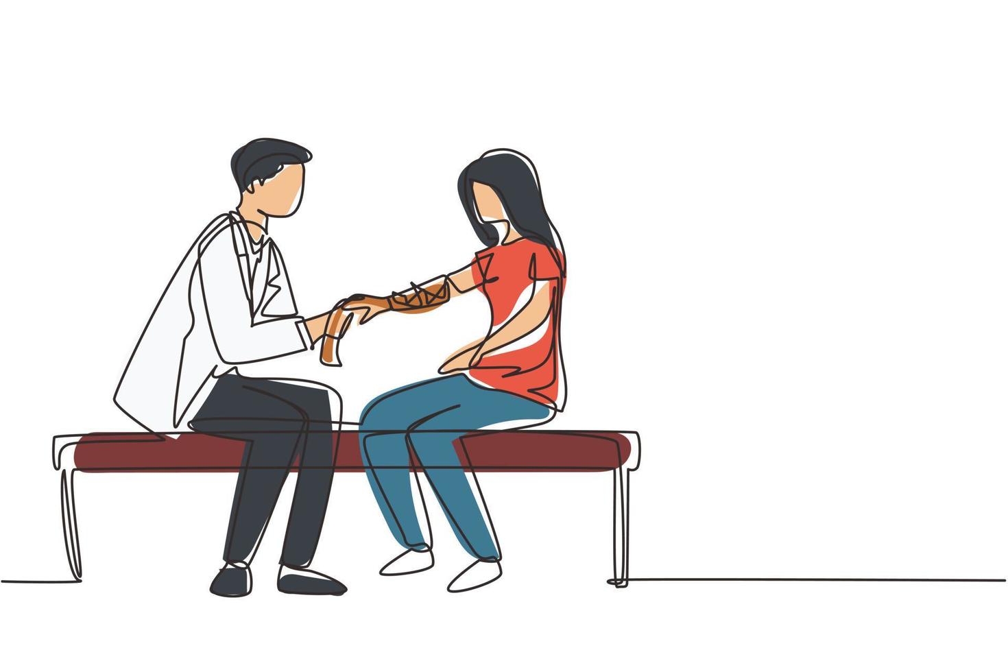 Continuous one line drawing doctor bandages patient woman hand. First aid emergency hands doing dressing bandage in Traumatology clinic. Healthcare concept. Single line draw design vector illustration