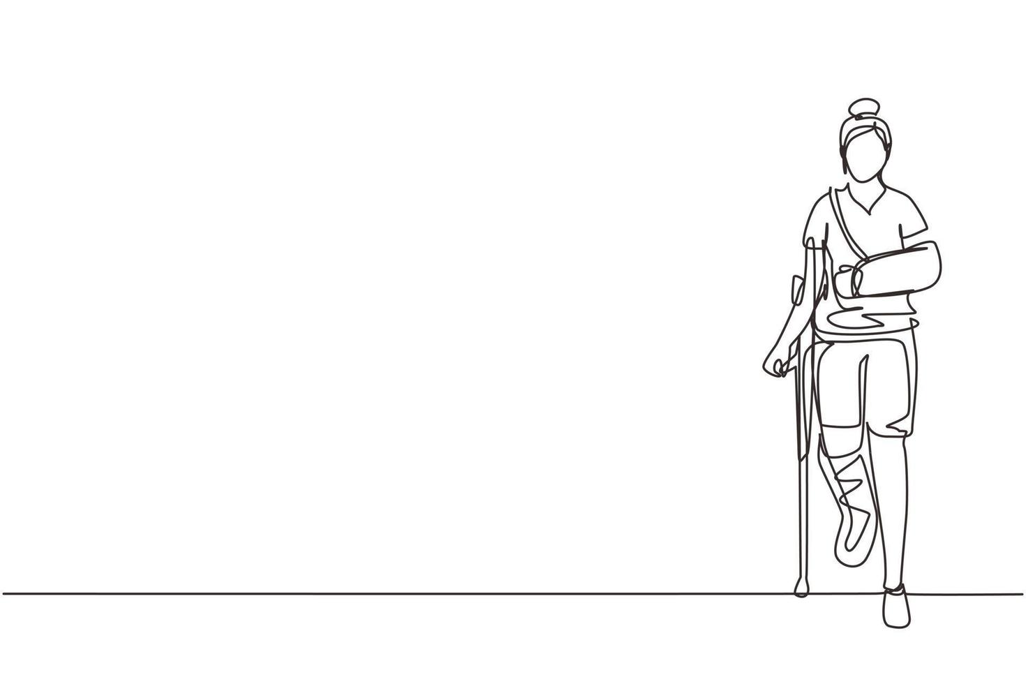 Single continuous line drawing injured woman having head bandage