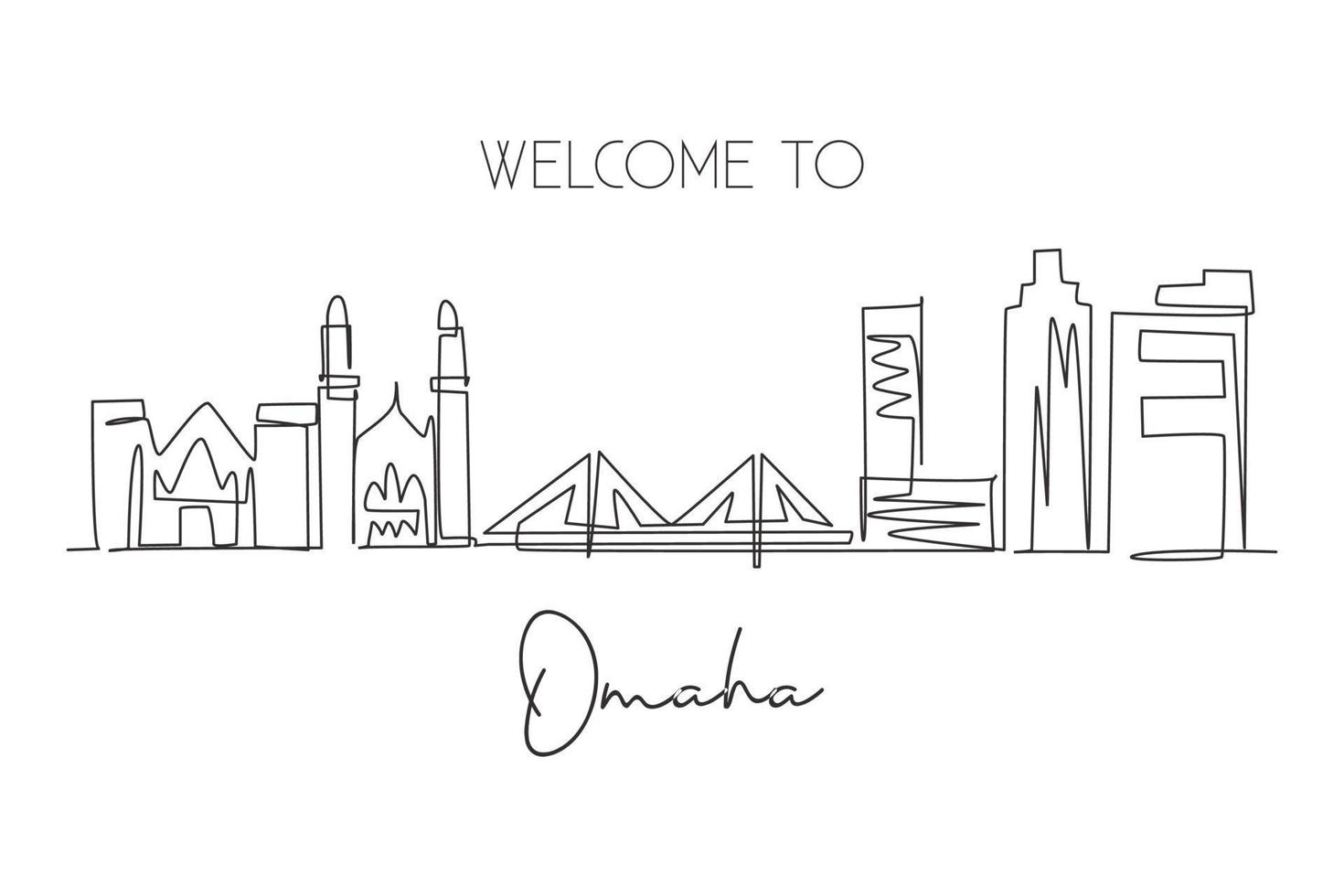 un dibujo de línea continua del horizonte de la ciudad de omaha, nebraska. turismo de paisajes hermosos del mundo y vacaciones de viaje para la impresión de decoración de paredes. Ilustración de vector de diseño gráfico de dibujo de una sola línea con estilo