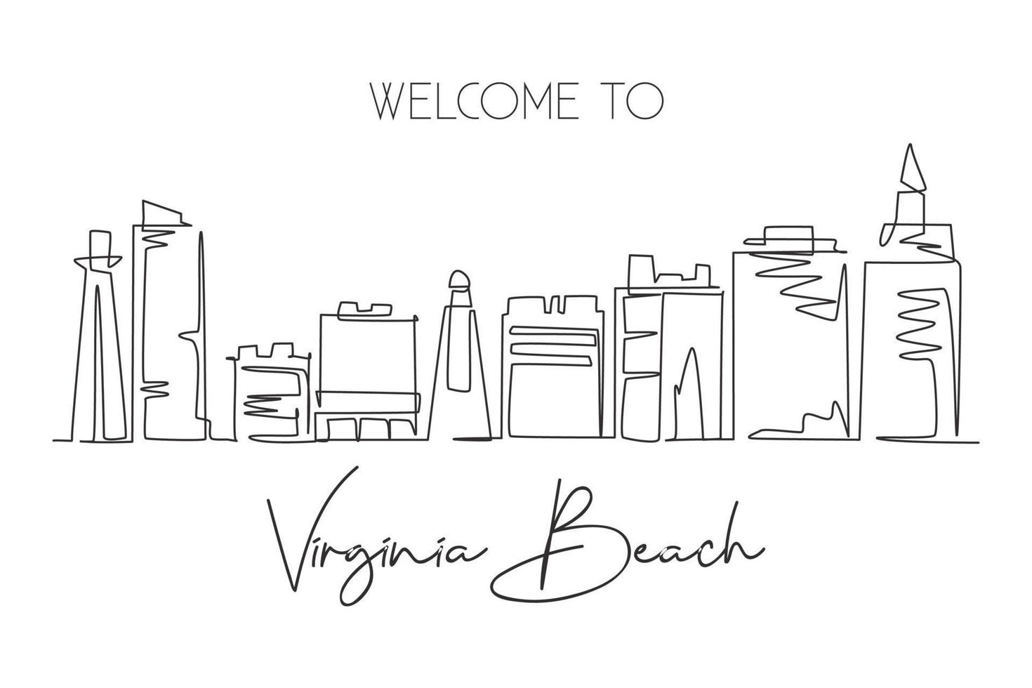 One single line drawing of Virginia Beach city skyline, USA. Town landscape for home wall decor poster. Best holiday destination. Trendy continuous line draw graphic design vector illustration