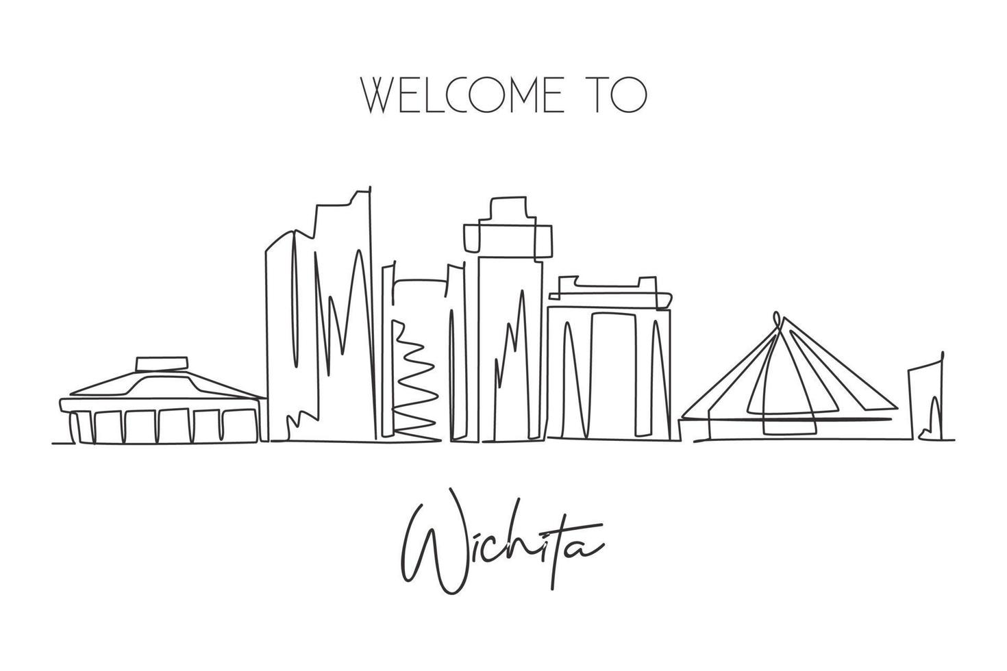 One single line drawing of Wichita city skyline, Kansas, USA. Town landscape for home wall decor poster. Best holiday destination. Trendy continuous line draw graphic design vector illustration