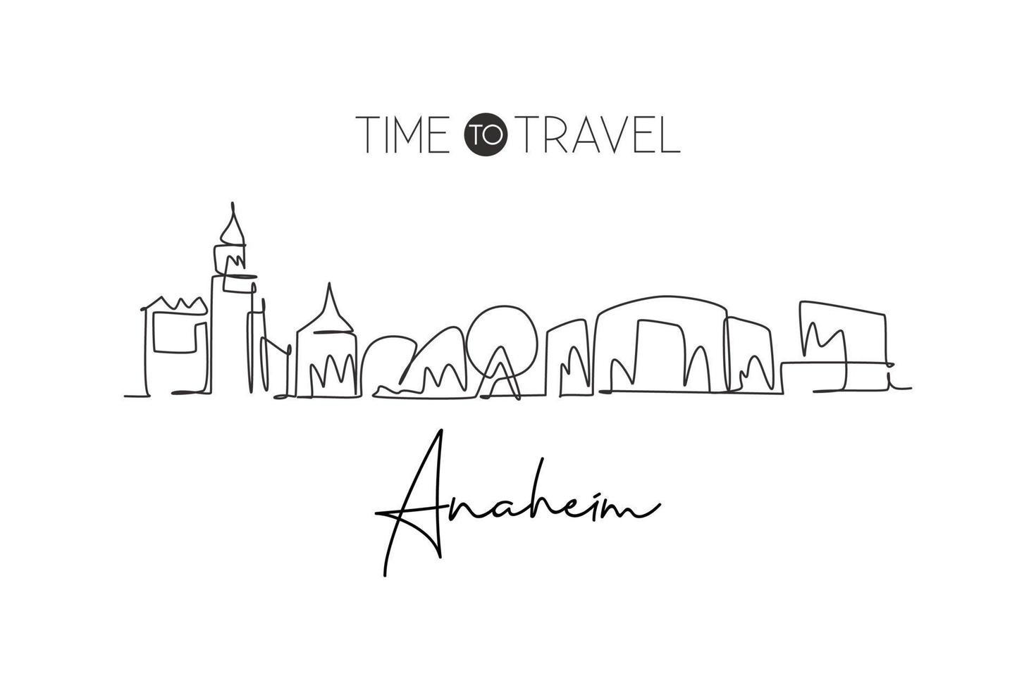 One single line drawing of Anaheim city skyline, California. Historical town landscape in the world. Best holiday destination. Editable stroke trendy continuous line draw design vector illustration