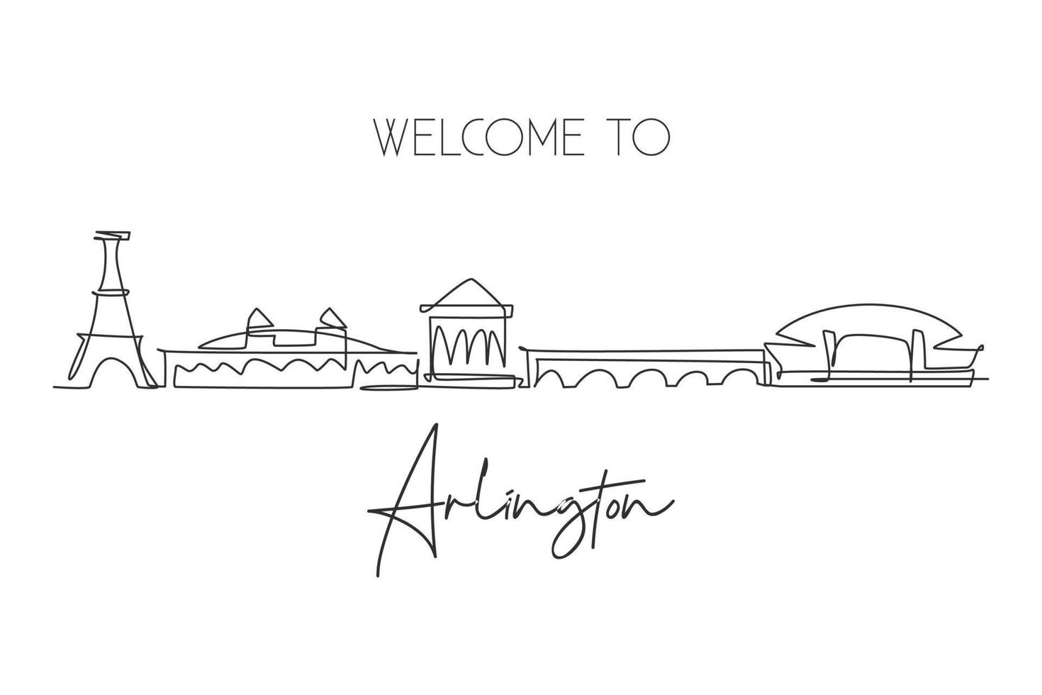 Single continuous line drawing of Arlington city skyline, Virginia. Famous city for wall decor print. World travel concept. Editable stroke modern one line draw design vector illustration