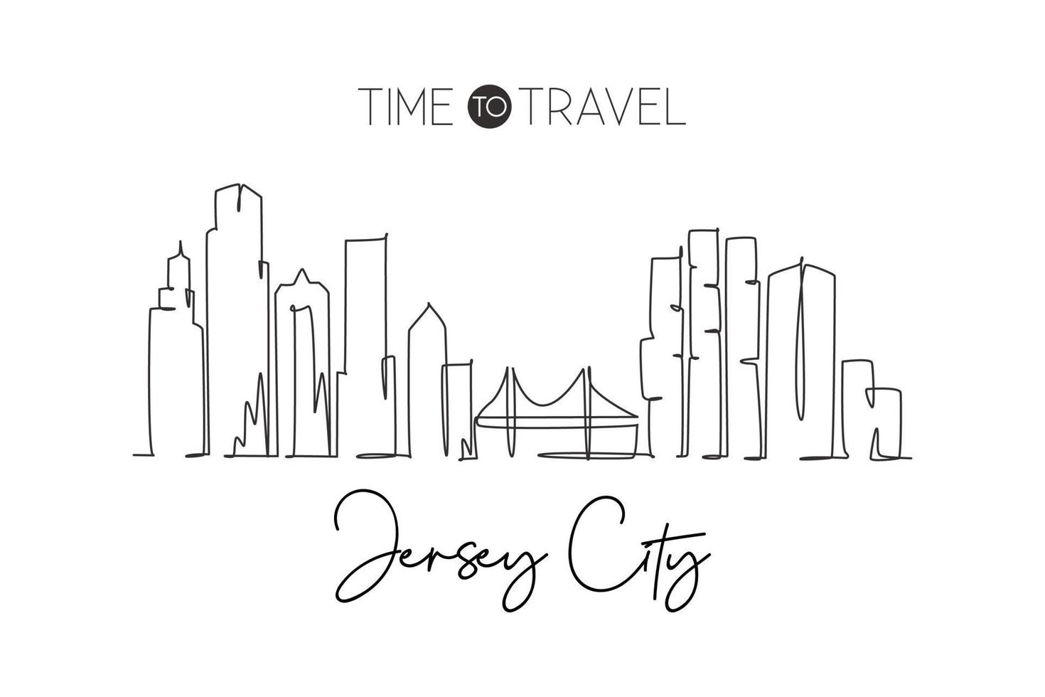 One single line drawing of Jersey City skyline, New Jersey. Historical town landscape in the world. Best holiday destination. Editable stroke trendy continuous line draw design vector illustration