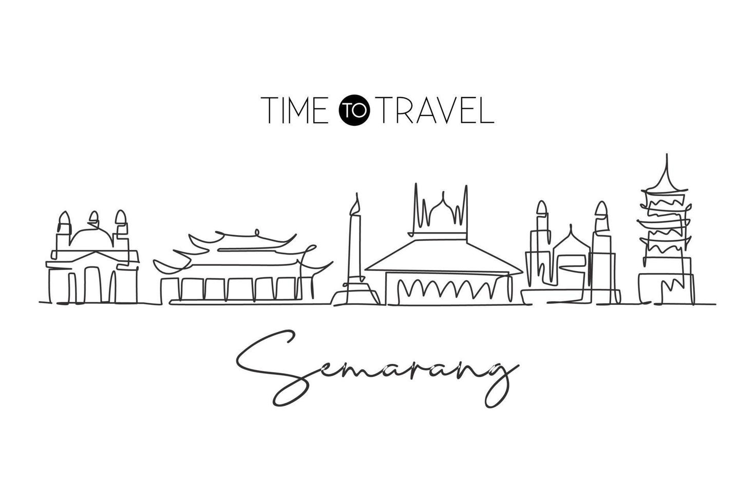 One single line drawing of Semarang city skyline, Java, Indonesia. Town landscape for home wall decor poster. Best holiday destination. Trendy continuous line draw graphic design vector illustration