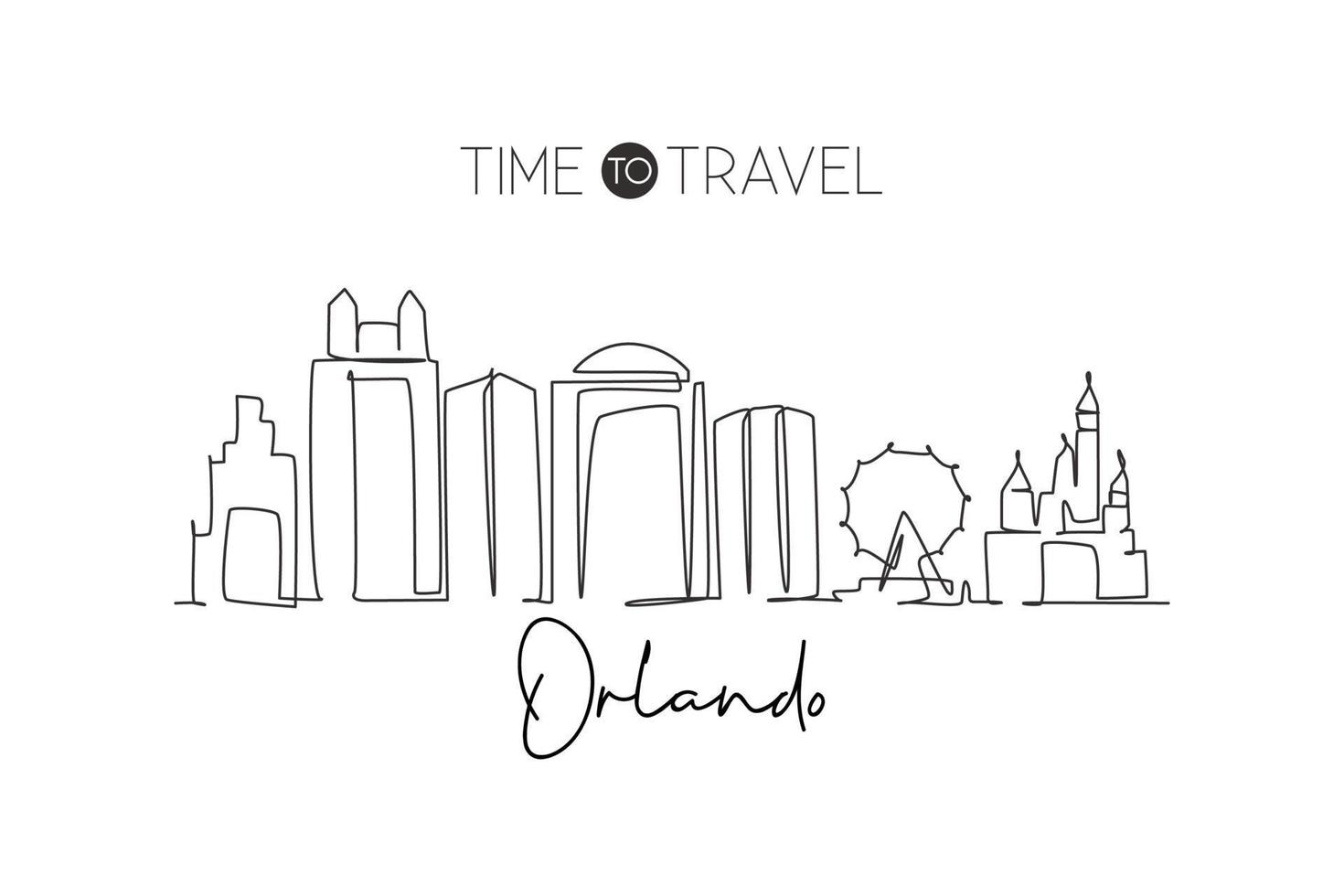 One single line drawing of Orlando city skyline, Florida. Historical town landscape in the world. Best holiday destination. Editable stroke trendy continuous line draw design vector illustration