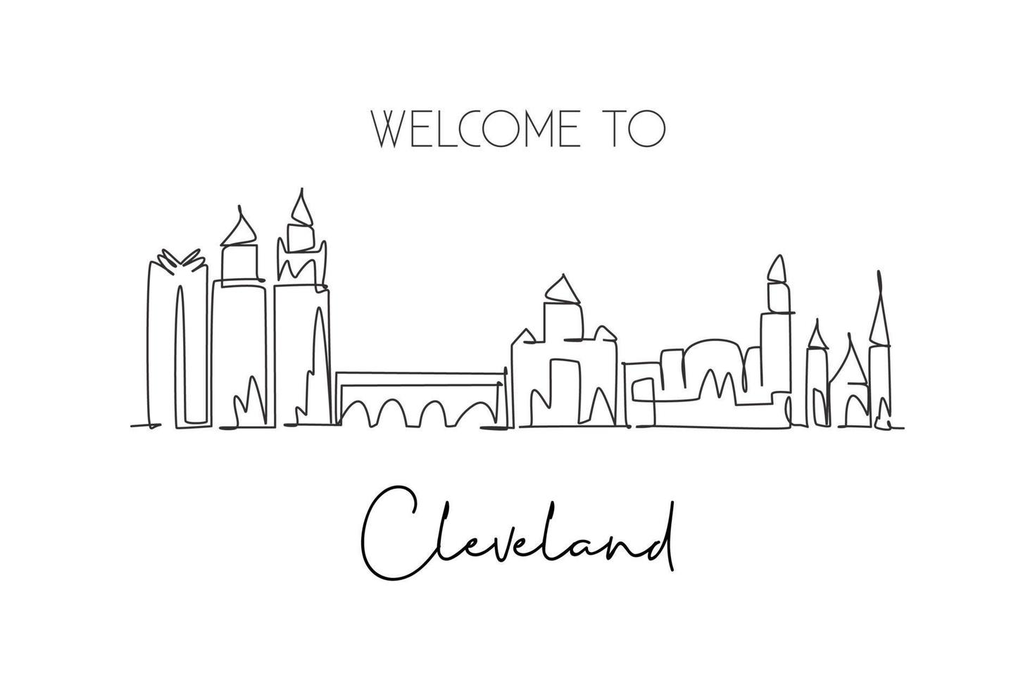 One continuous line drawing of Cleveland city skyline, Ohio. Beautiful landmark. World landscape tourism travel home wall decor poster print art. Stylish single line draw design vector illustration