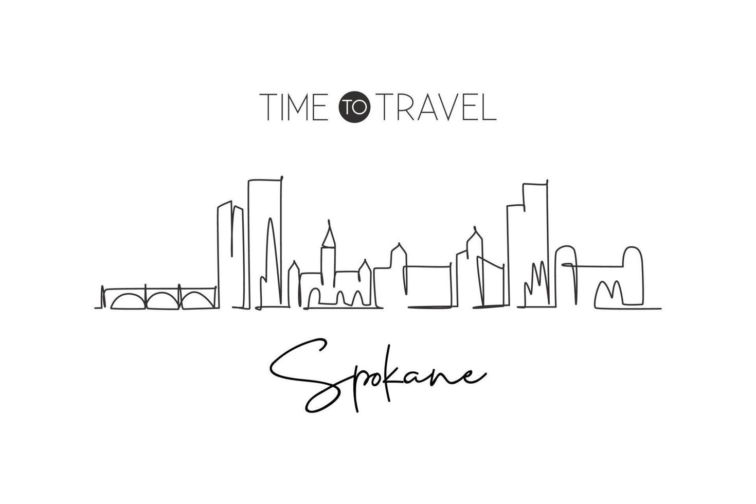 One continuous line drawing of Spokane city skyline, Washington. Beautiful landmark. World landscape tourism travel home wall decor poster print. Stylish single line draw design vector illustration