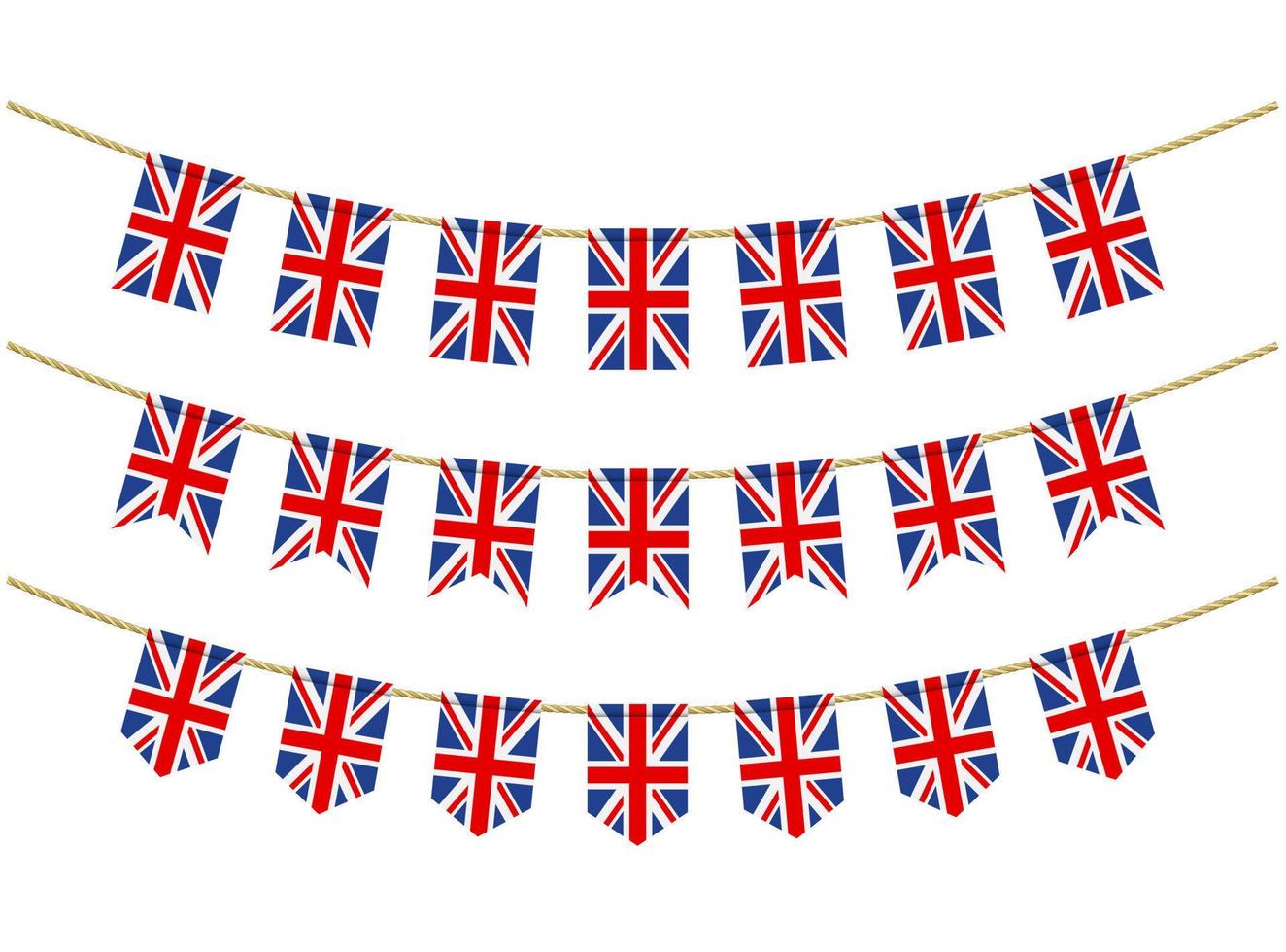 United Kingdom flag on the ropes on white background. Set of Patriotic bunting flags. Bunting decoration of United Kingdom flag vector