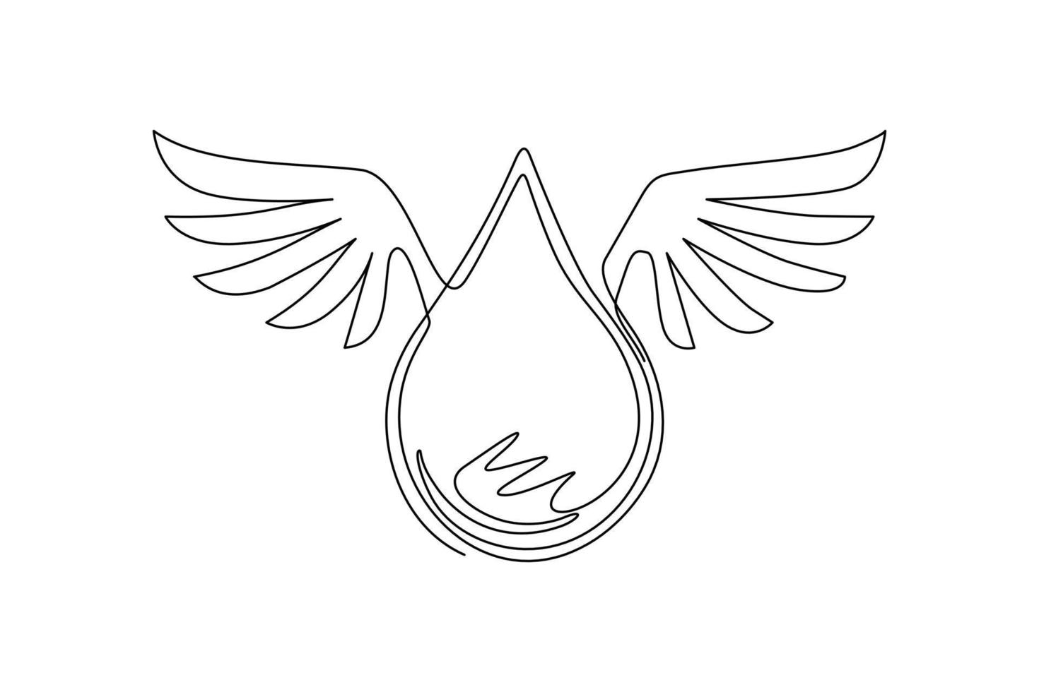 Single continuous line drawing water drop cartoon character with wings world water day banner concept. Winged water droplet isolated flat icon. Dynamic one line draw graphic design vector illustration