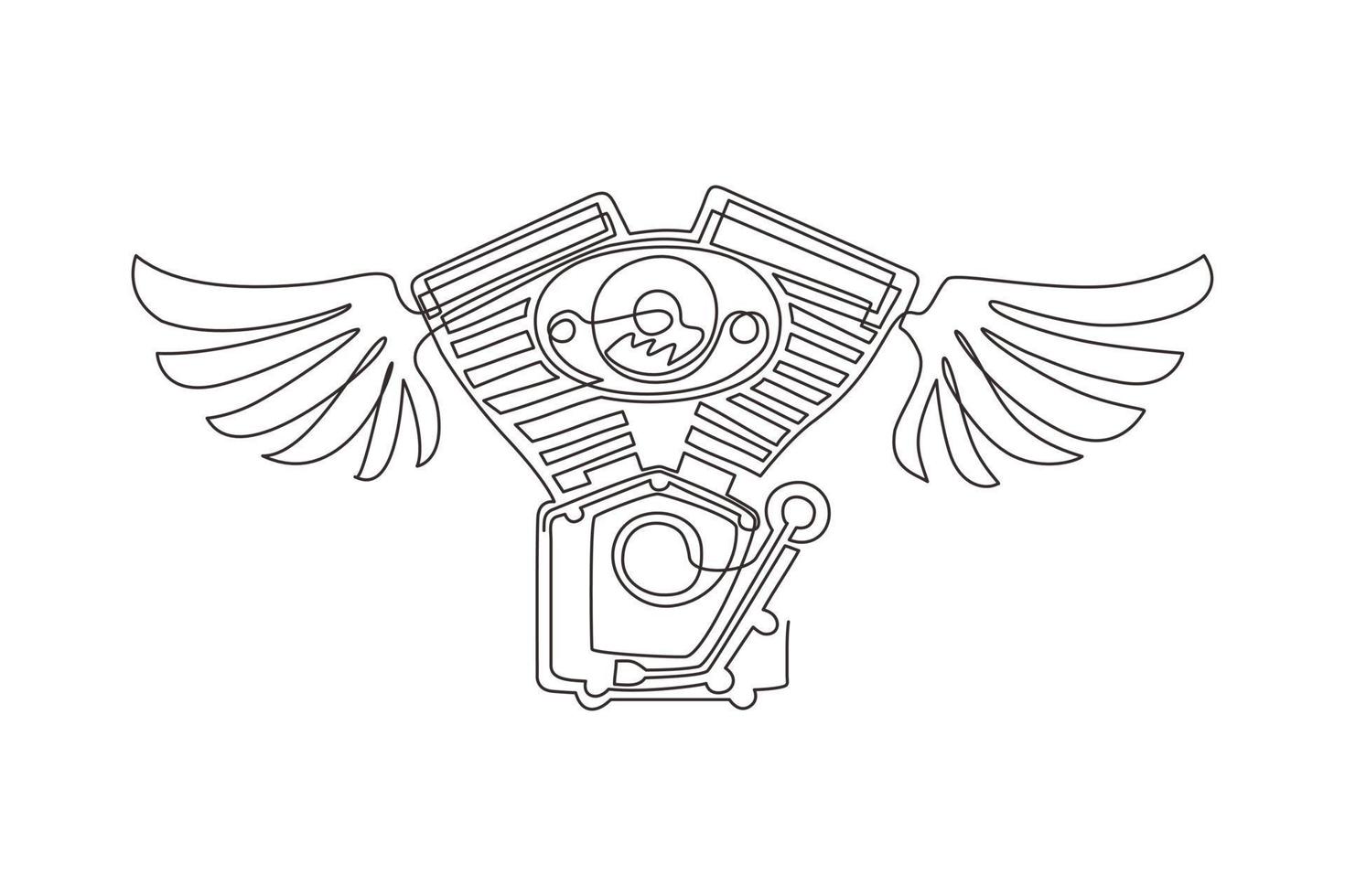 logotipo del club de motocicletas de dibujo de una sola línea continua con motor y alas, logotipo del club de ciclistas, icono de servicio de motocicletas personalizadas. motor de motocicleta con alas. vector de diseño gráfico de dibujo dinámico de una línea