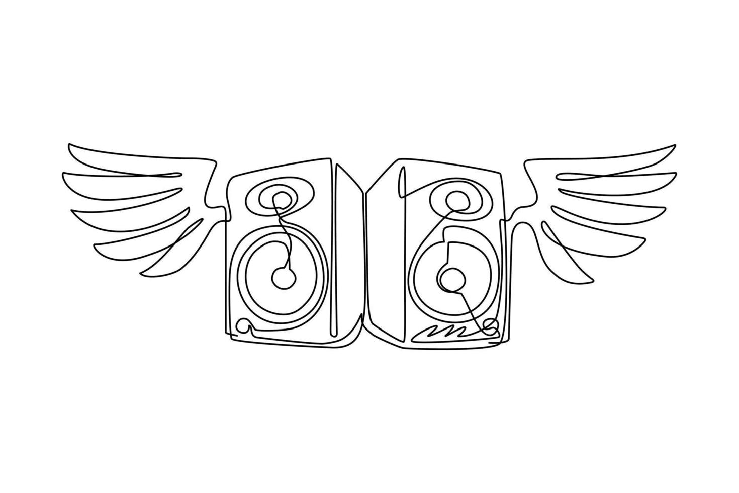 Continuous one line drawing music system speakers with wings icon logo. Musical equipment grunge image of speaker with wings flat design elements. Single line draw design vector graphic illustration