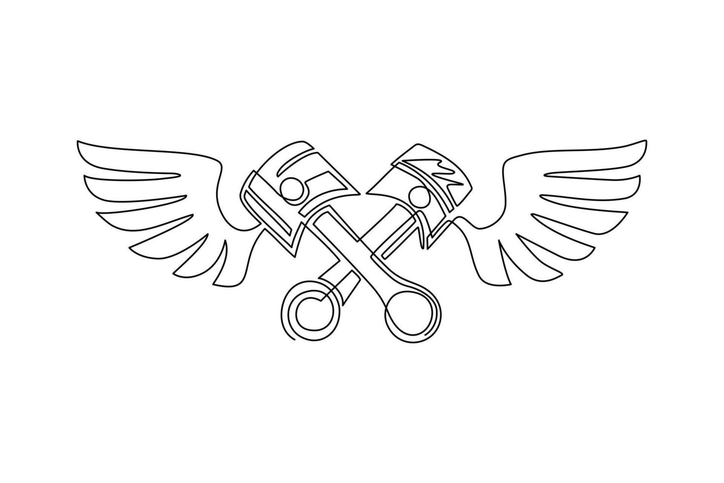 Single continuous line drawing two crossed piston with wings icon. Advertises repair services. Automotive and motorcycle workshop symbol logo. Dynamic one line draw graphic design vector illustration