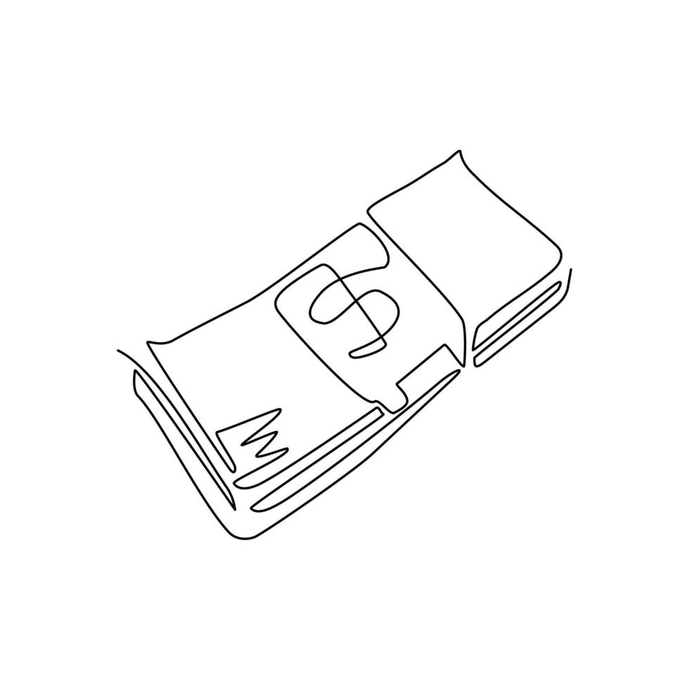 Single continuous line drawing money banknotes flat. Packing in bundles bank notes. Dollar in bundles, currency sign pack. Hundreds dollars cash, green paper bills. One line draw graphic design vector