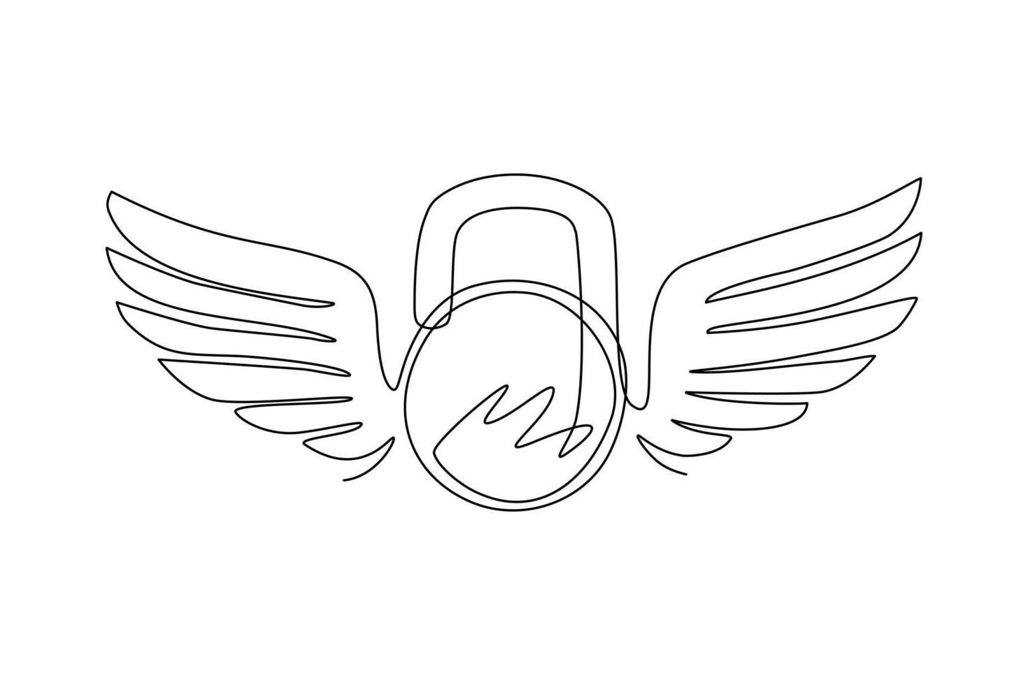 Continuous one line drawing winged graphic sign created with disc weight kettlebell sport equipment. Sport emblem for weightlifting gym and fitness club. Single line draw design vector illustration