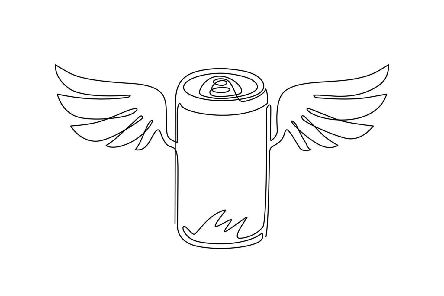 Continuous one line drawing soda can with wings. Flying soda concept. Food in doodle cartoon linear style. For flyer, sticker, card, logo, icon, print, poster. Single line draw design vector graphic