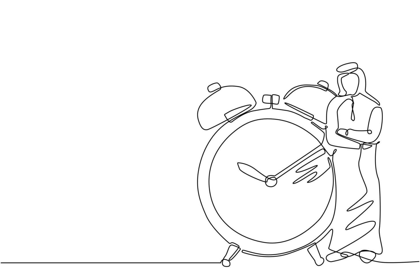 Continuous one line drawing Arabian businessman, manager or employee stand leaning to big clock. Concept of time management. Time, watch, limited offer, deadline symbol. Single line draw design vector