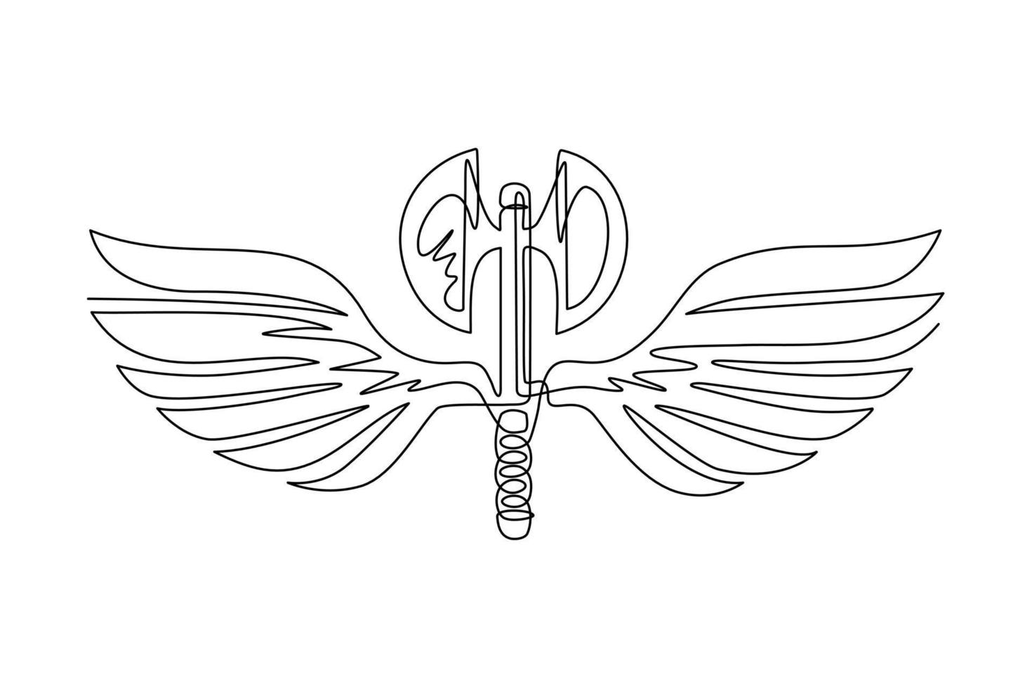 plantilla de icono de alas de hacha de dibujo de una línea continua. logotipo de hacha alada en blanco y negro con elegantes alas extendidas y plumas para el diseño del logotipo. ilustración gráfica de vector de diseño de dibujo de una sola línea