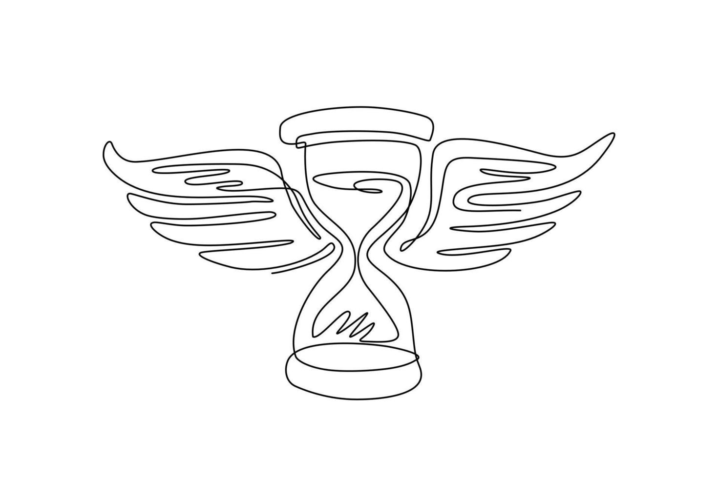 Continuous one line drawing time flies. Hourglass with wings drawing, spending time concept. Hand drawn vintage style. Sandglass with bird wings. Single line draw design vector graphic illustration