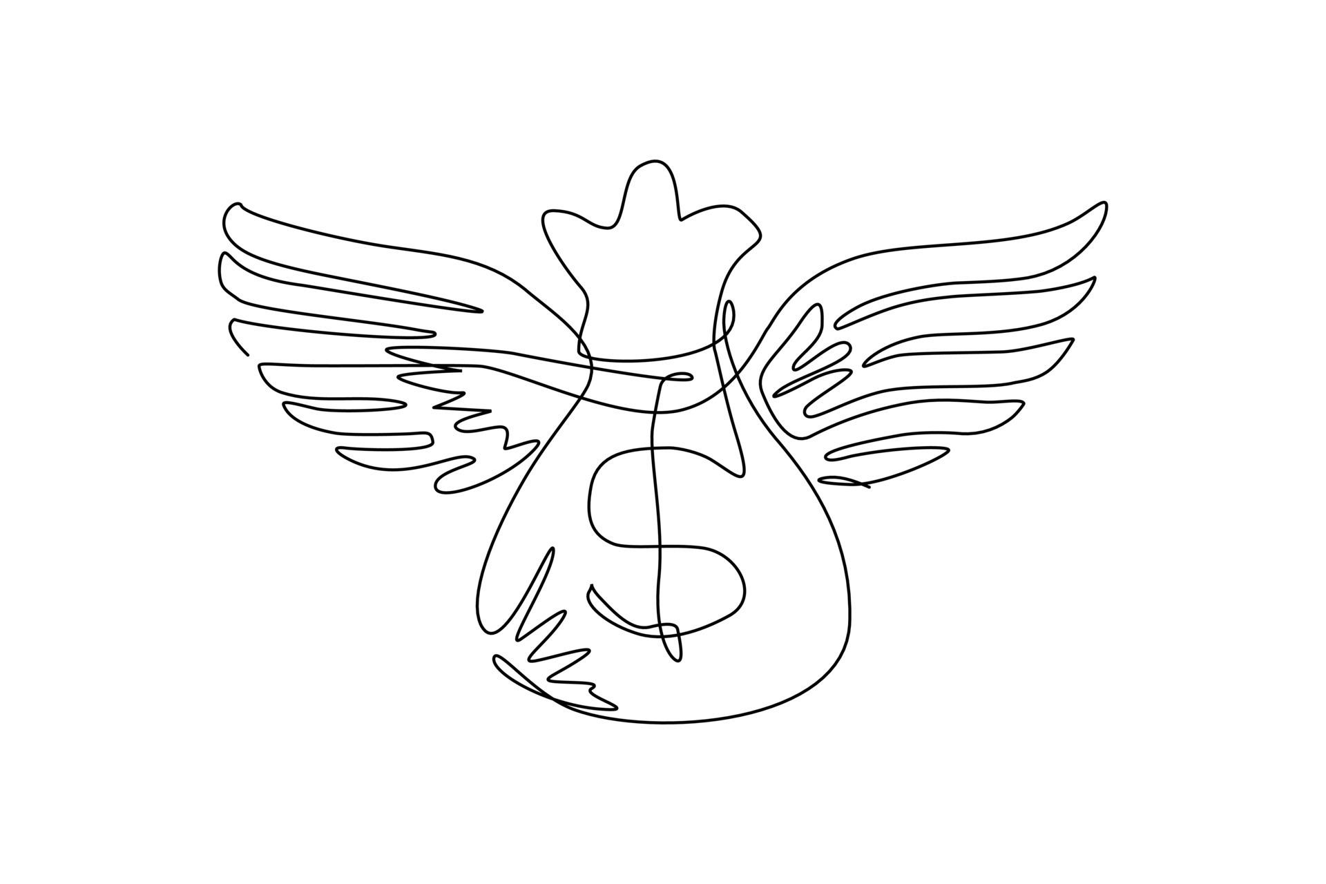Single one line drawing money bag flying with wings. Dollar money bag
